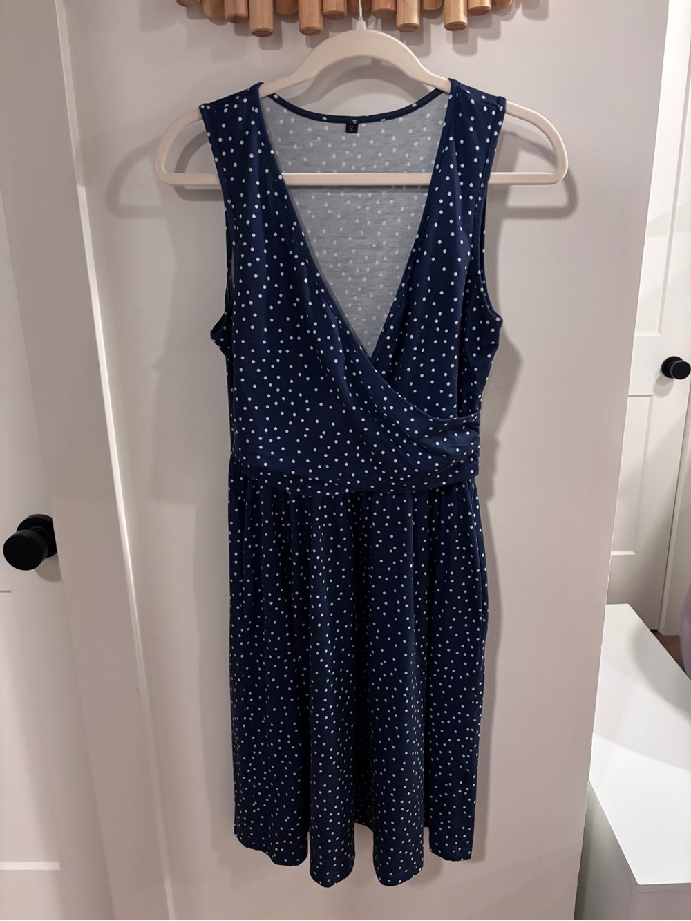 Navy Polka Dot Wrap-Front Sleeveless Dress